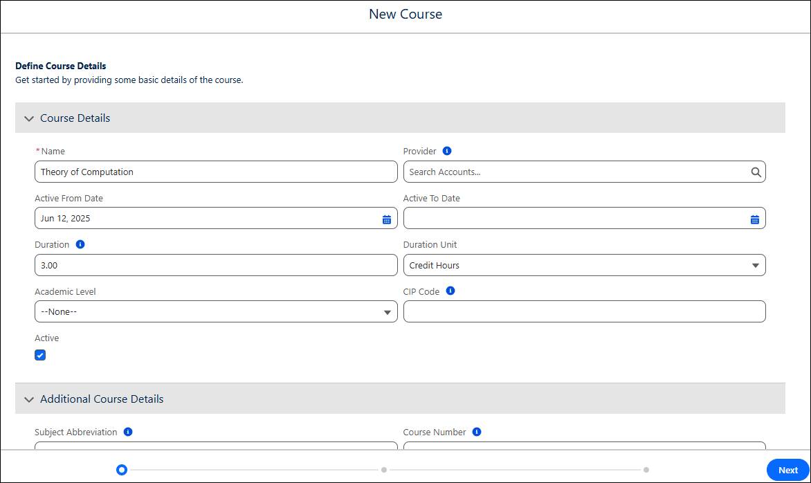 New Course screen of the Learning Wizard.