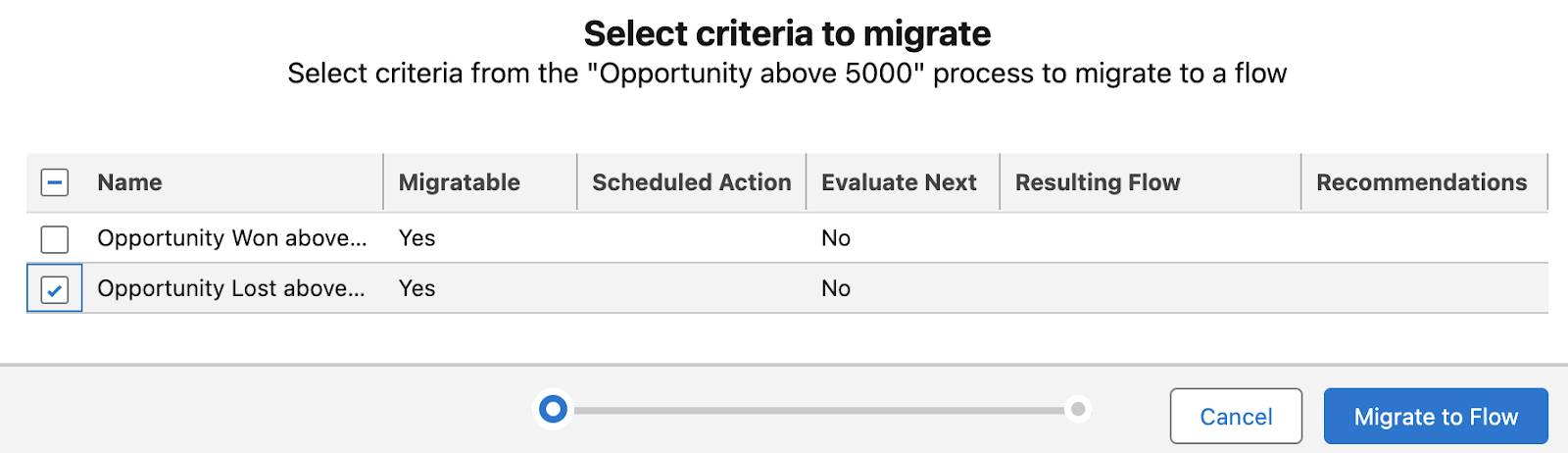 In the Select criteria to migrate window, the Migrate to Flow button is enabled.