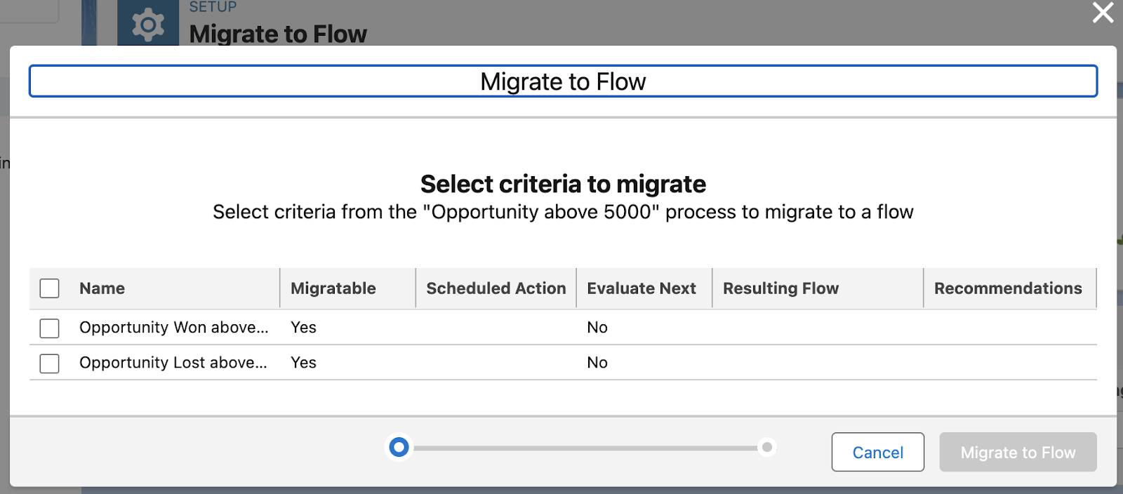 The Select criteria to migrate window corresponding to the description that follows.