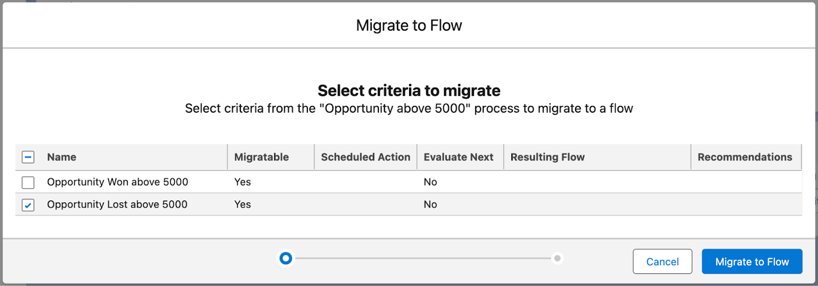 後述の説明に対応する [Select criteria to migrate (移行する条件を選択)] ウィンドウ。[Migrate to Flow (フローに移行)] ボタンが有効化されている。