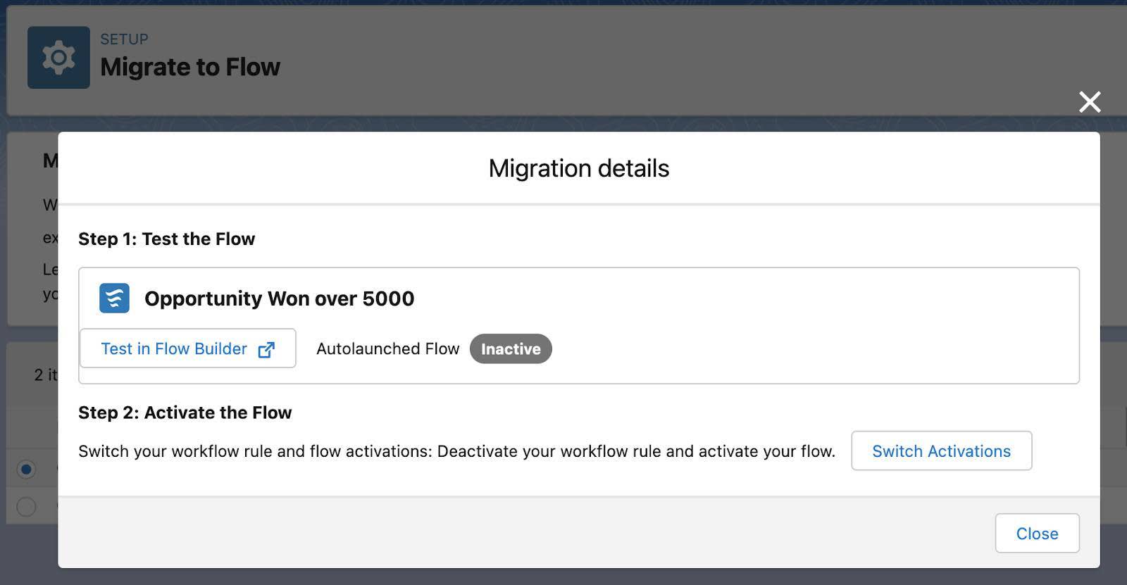 The Migration details window corresponding to the preceding description.