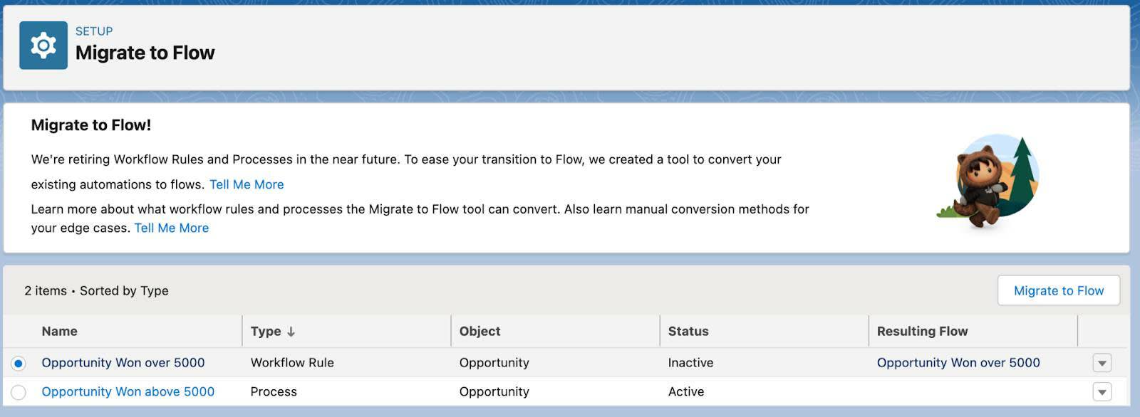 The Migrate to Flow page in Setup displays workflow rules and processes available to migrate and the Migrate to Flow button.