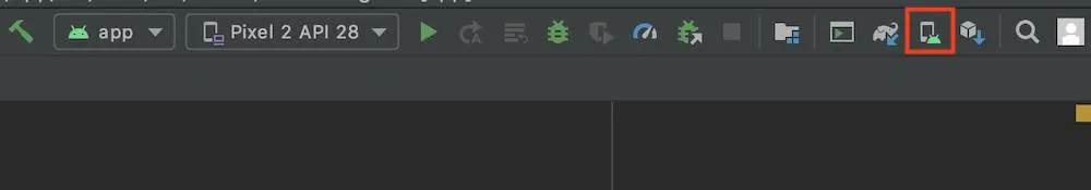 Android Studio screen showing the AVD Manager toolbar icon