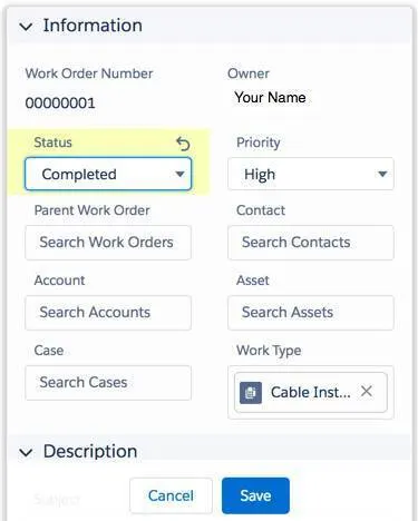 Update work order status in the information panel.