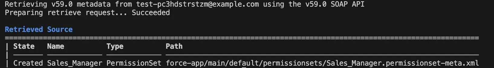 Terminal window displaying the retrieved Sales_Manager permission set in the force-app/main/default/permissionsets directory. 