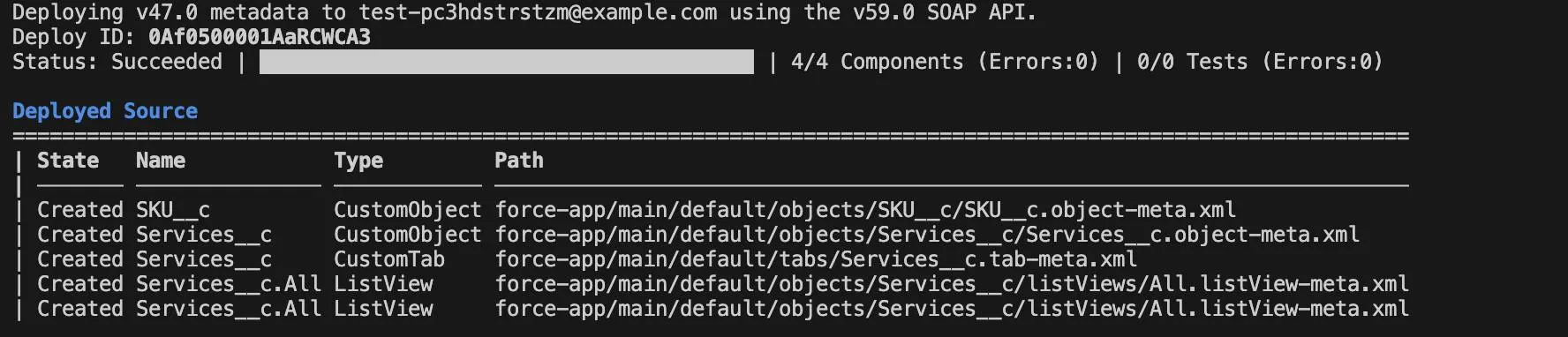 Terminal window displaying the metadata components that were deployed to the scratch org. 