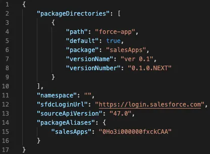 The JSON file lists salesApps, with its package name and Id under packageAliases.