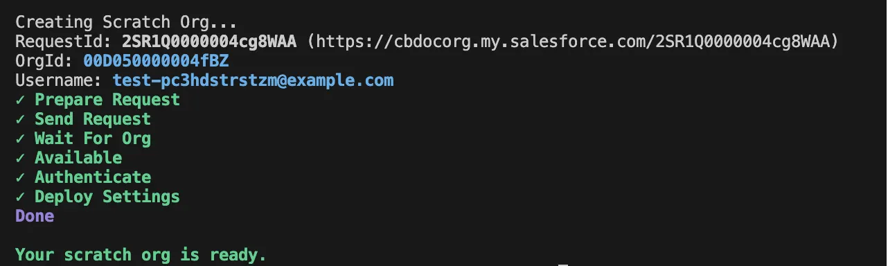The terminal displays that your scratch org is ready along with the orgID and the username.