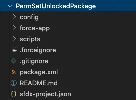 The PermSetUnlockedPackage project contains three folders: config, force-appp, and scripts, and five files: .forceignore, .gitignore, package.xml, README.md, and sfdx-project.json.