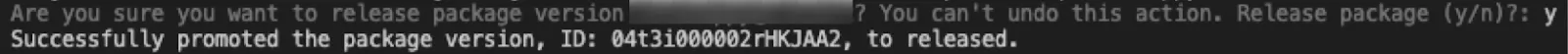 Terminal window prompt to release the package and displaying the result “Successfully promoted the package version, ID: <Id number>, to released.”