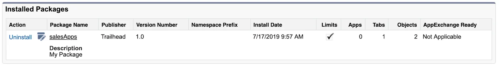 The Installed Packages list, showing the salesApps package version 1.0 installed.