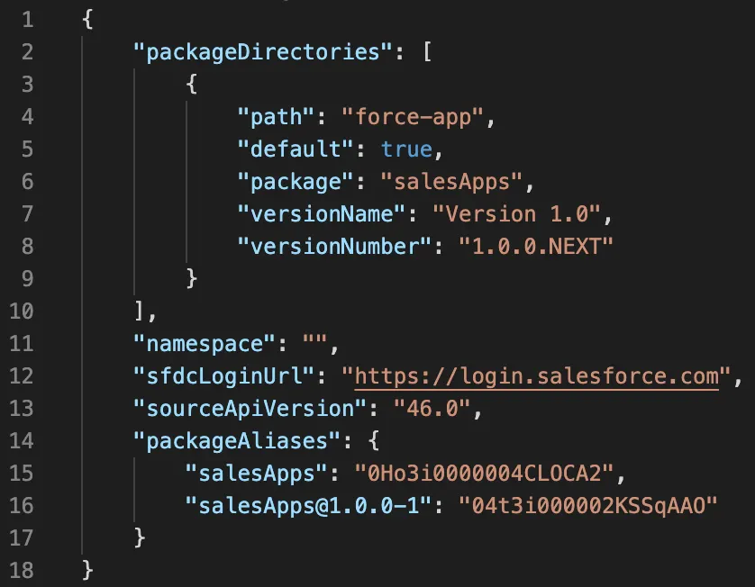 The sfdx-project.json file. The version number salesApps@1.0.0-1 has been added to the packageAliases list.