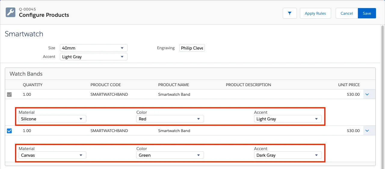 Product Configuration page with two watch bands with options showing attributes