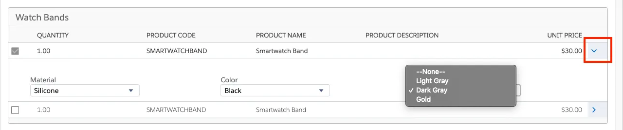 Smartwatch band option with global attributes visible