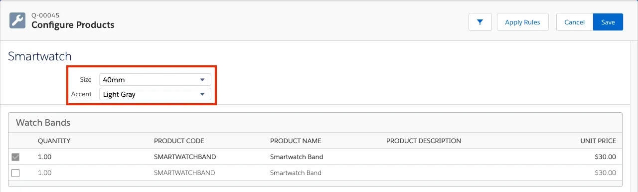 Product Configuration page for Smartwatch with two attributes