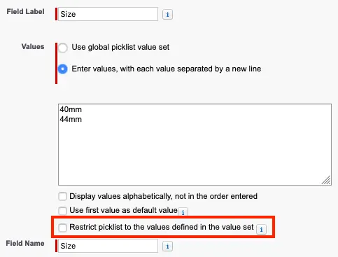 New field creation dialogue with restriction setting highlighted