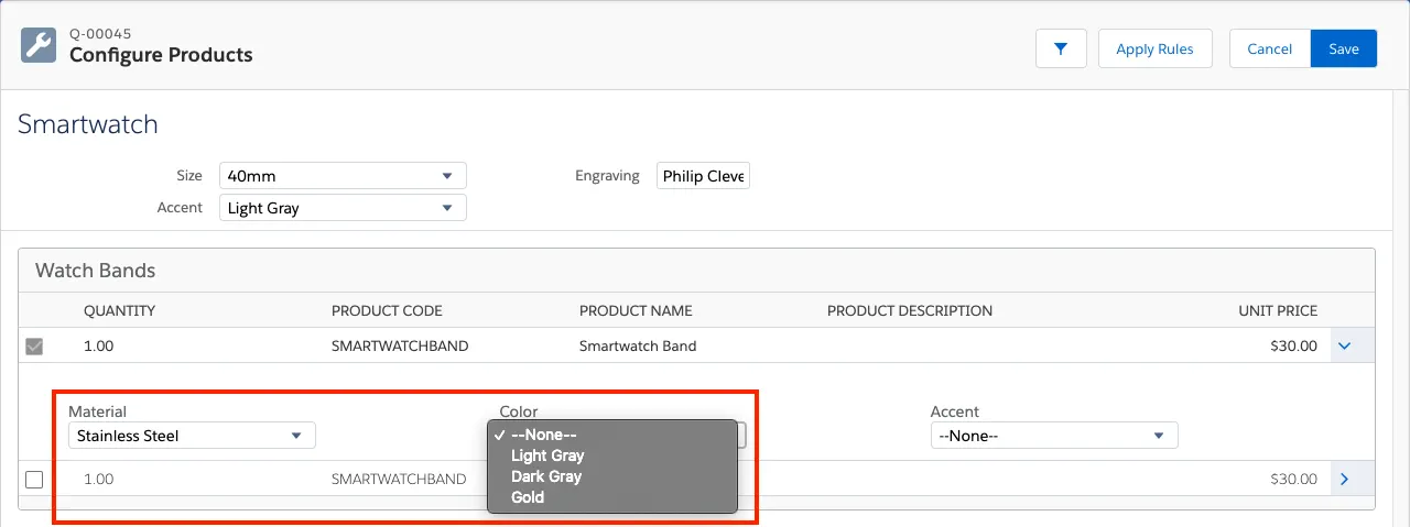 Product Configuration with global attributes showing limited Color choices