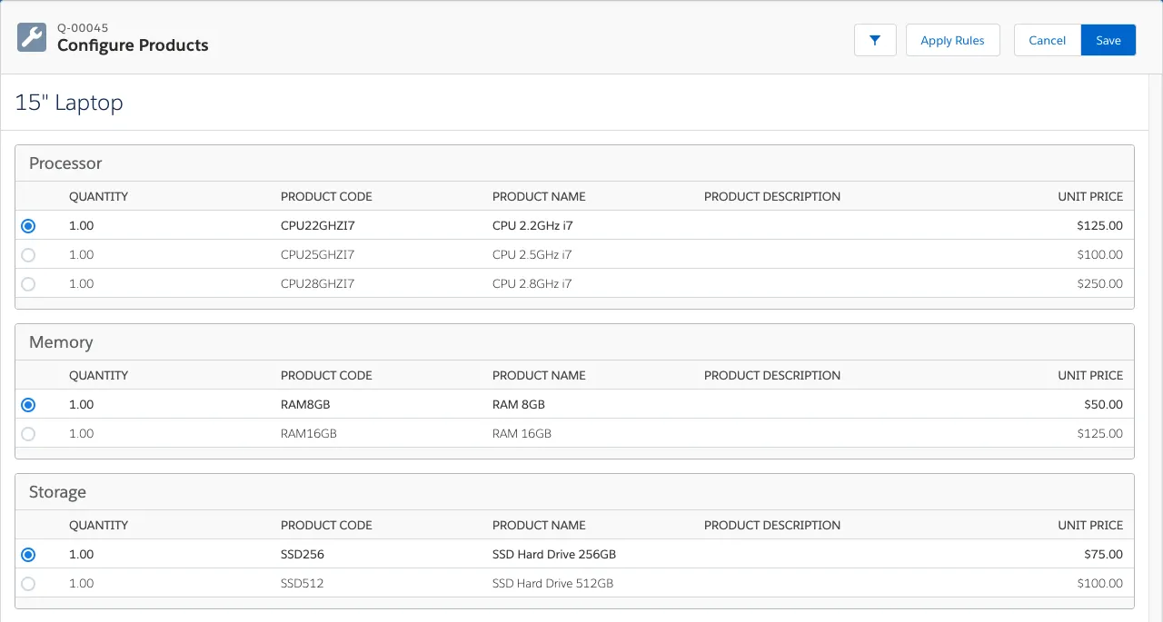 Product Configuration page for Laptop bundle