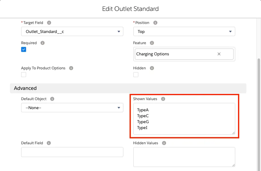 Configuration attribute record with four values in the Shown Values field