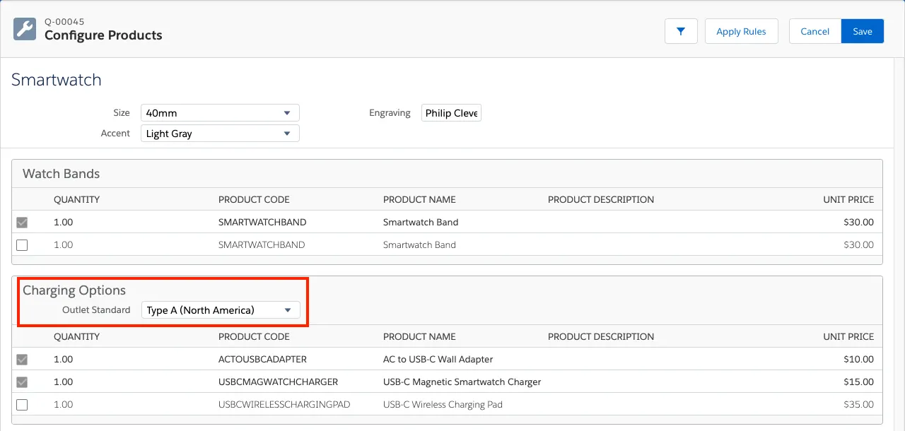 Product Configuration page for the Smartwatch bundle with attribute in Charging Options feature