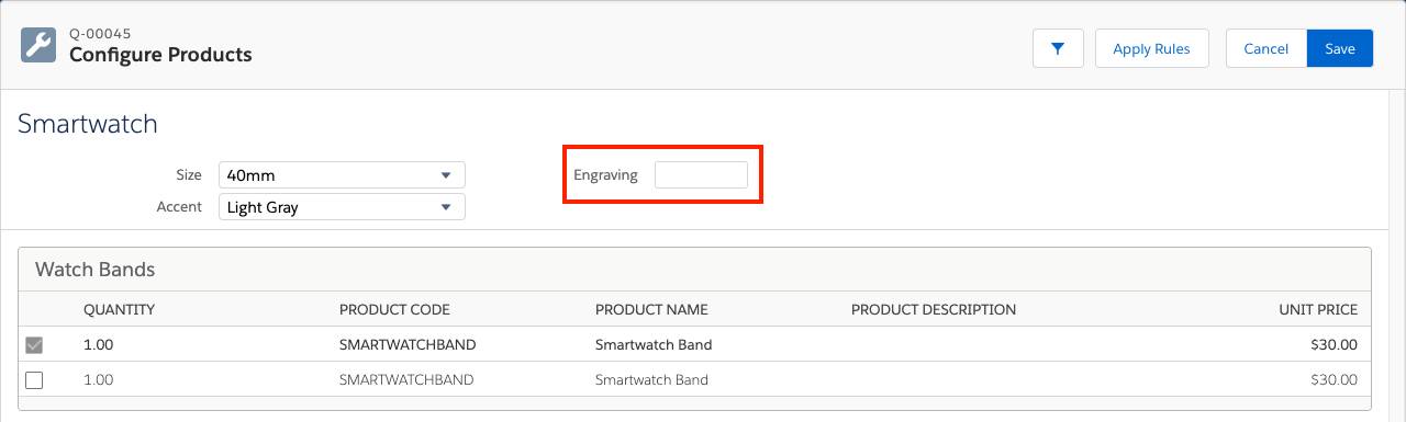 Product Configuration page for Smartwatch with three attributes visible