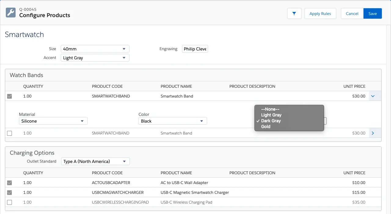 Product Configuration page of Smartwatch bundle with attributes present