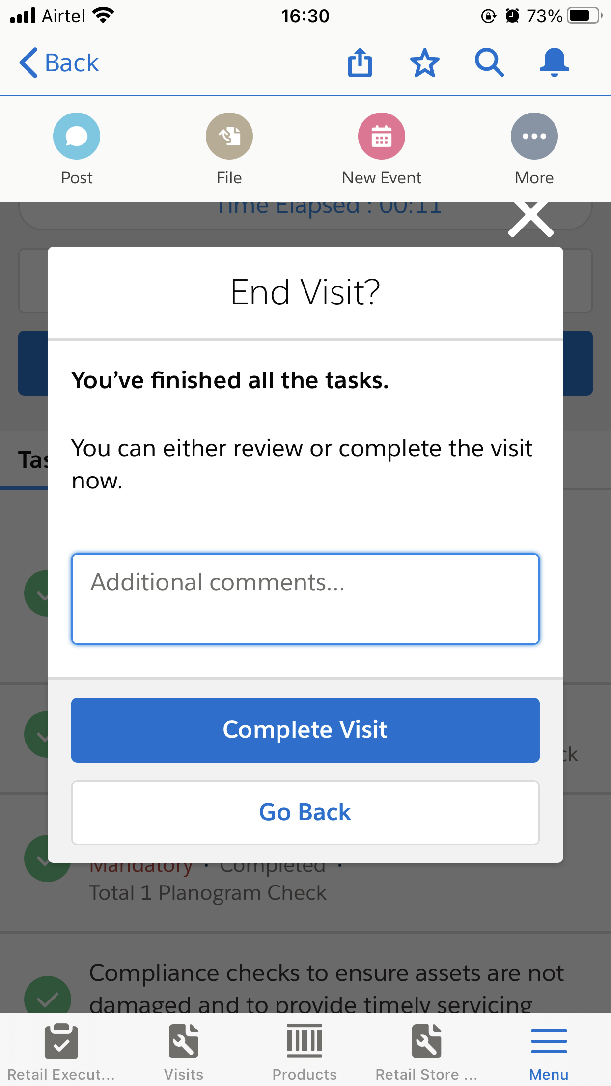The End Visit screen on the mobile app.