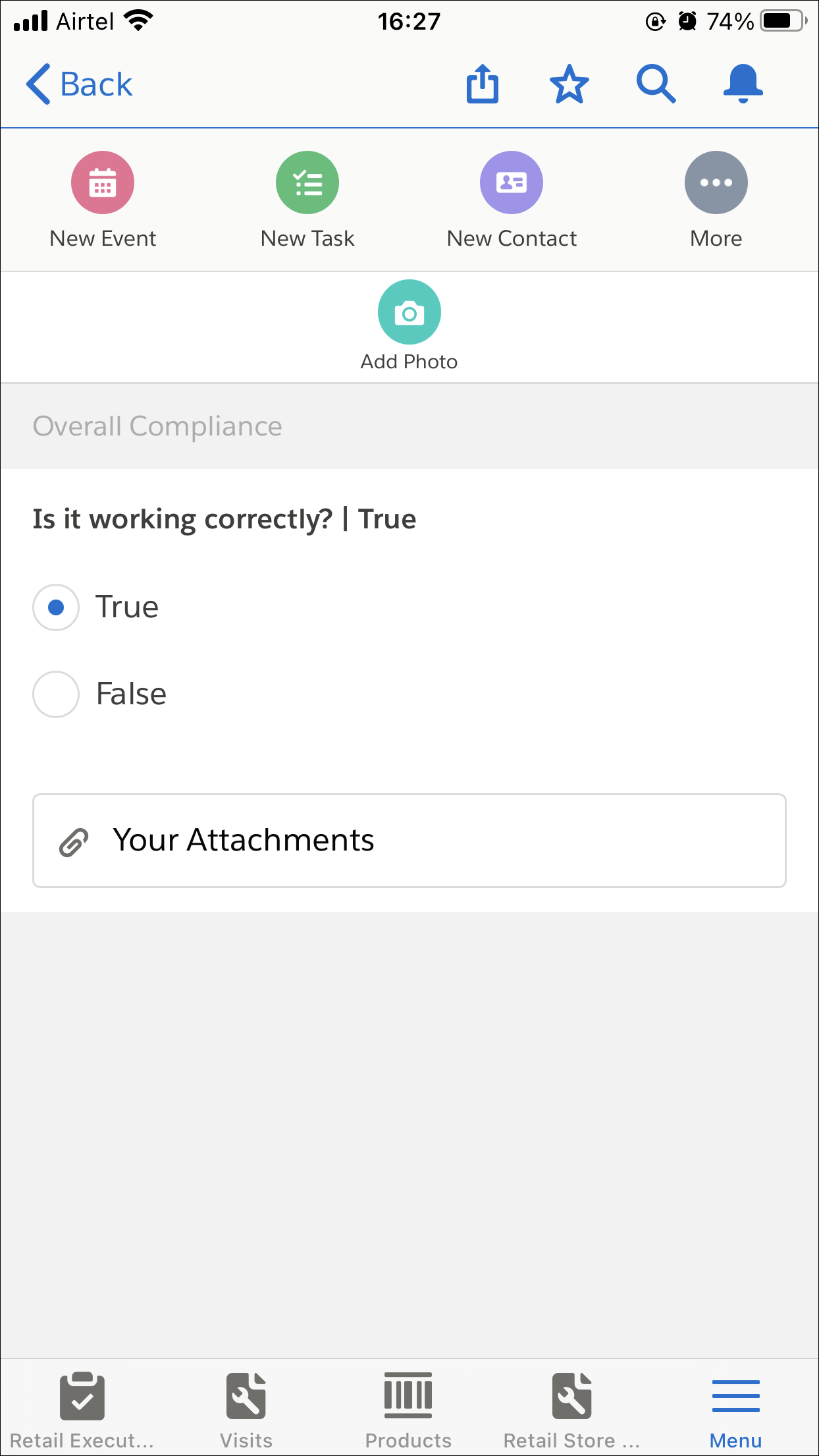 The asset check task on the mobile with compliance check questions.