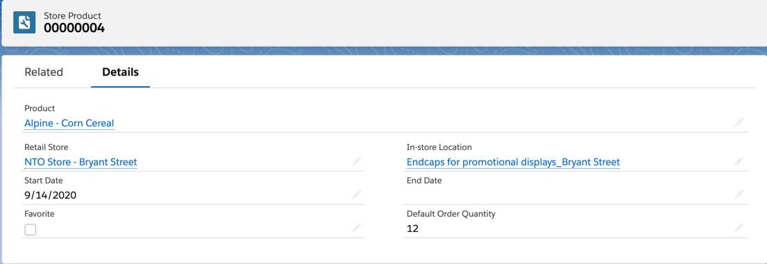 A Store Product record showing the association of a product and an in-store location.