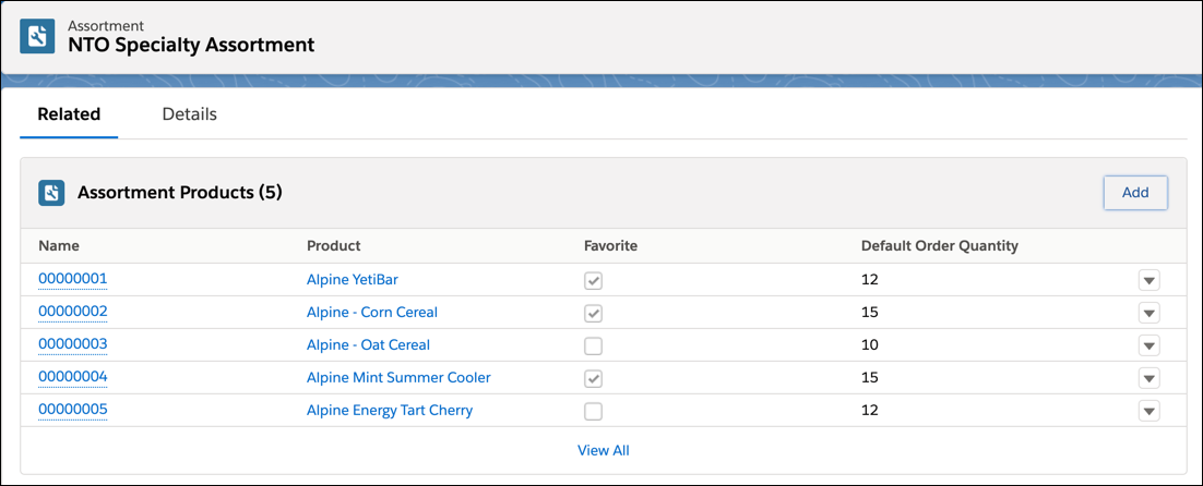 The Related tab of the NTO Specialty Assortment showing the product associations.