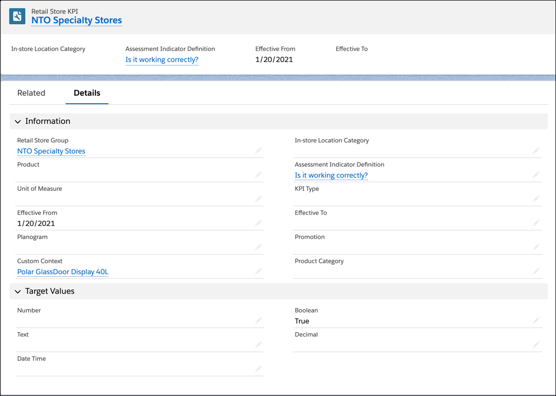 Retail Store KPI record for an asset check of a refrigerator placed in the specialty NTO stores.