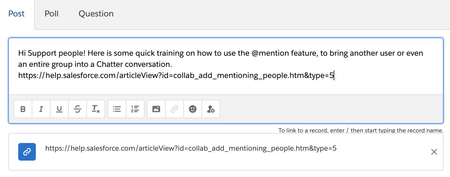 Publicación de Chatter satisfactoria con un vínculo a la página de Help & Support (Ayuda y asistencia).