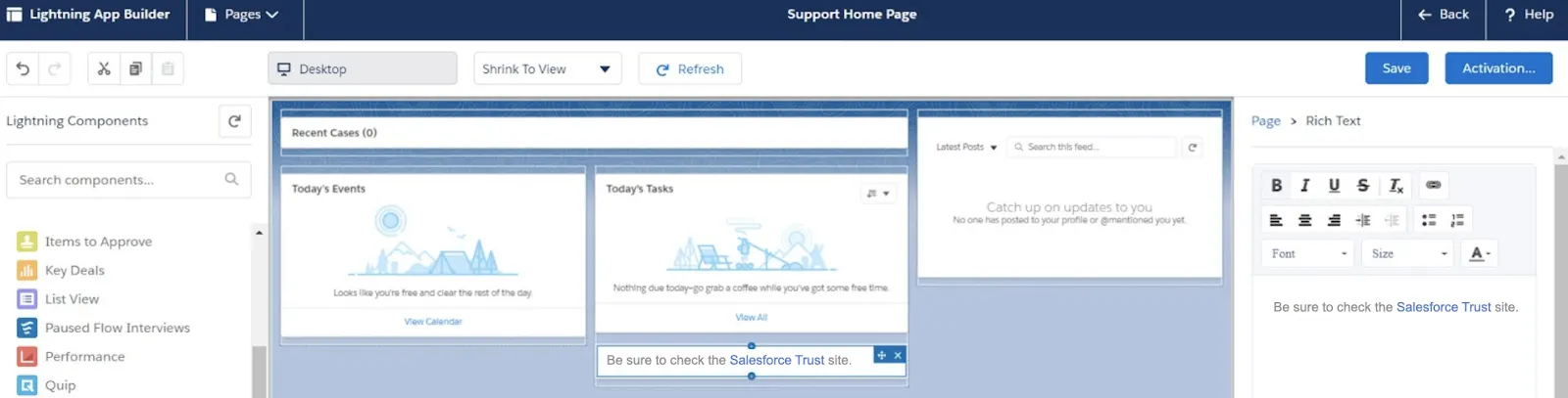 Home page layout with custom features enabled.