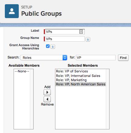 Der Setup-Bildschirm 'Public Groups (Öffentliche Gruppen)' für VPs (Geschäftsbereichsleiter) mit allen unter 'Selected Members (Ausgewählte Mitglieder)' gezeigten VP-Rollen