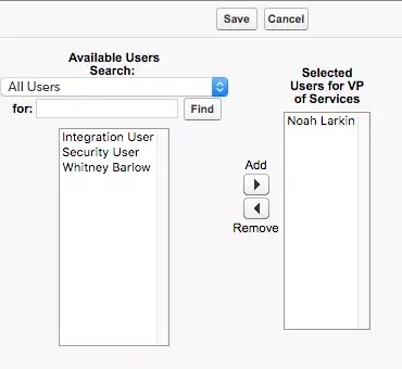 Selected Users for VP of Services(서비스 VP에 대해 선택된 사용자) 아래에 Noah Larkin이 표시되어 있는 역할 선택 화면입니다.