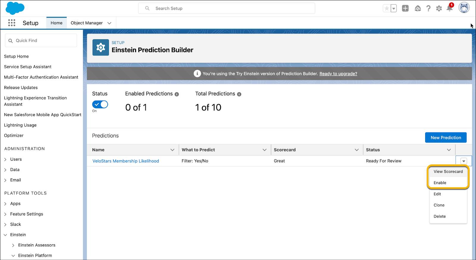 [Enable (有効化)] オプションが表示されている [View Scorecard (スコアカードを表示)] メニュー。