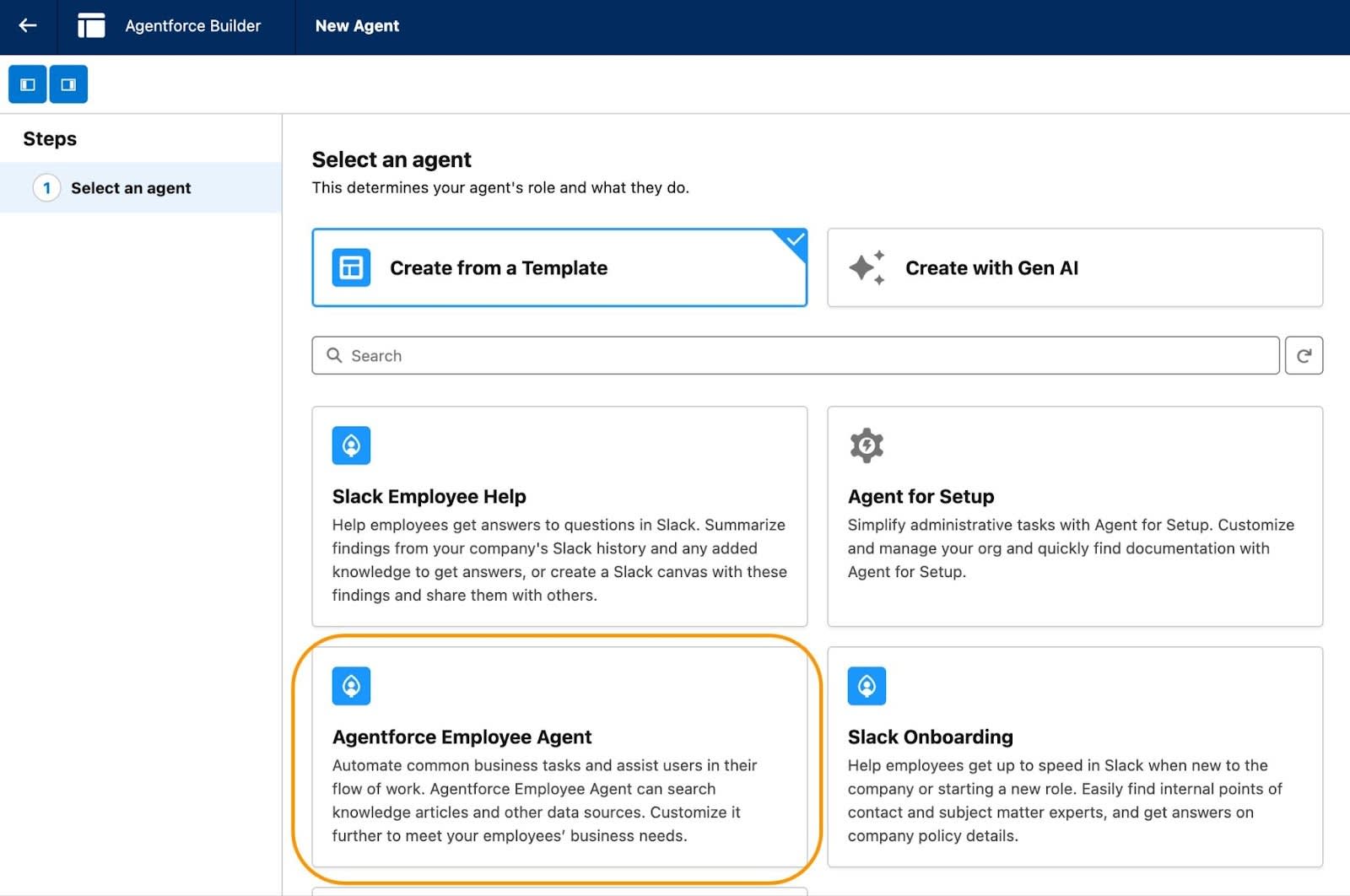 Select an agent screen in the Agentforce Builder. Agentforce Employee Agent is highlighted.