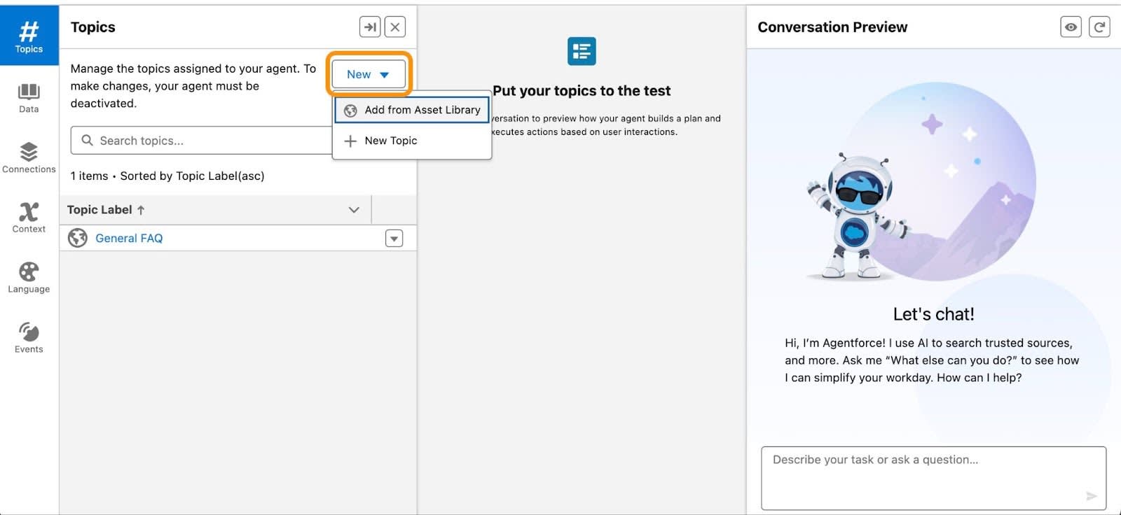 Quoting Agent Topics menu with the New button highlighted.