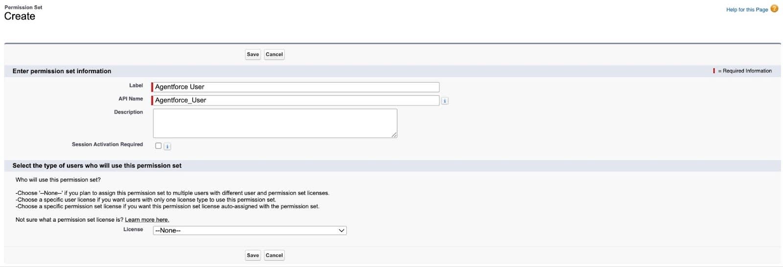 Seite zum Erstellen eines neuen Berechtigungssatzes mit 'Agentforce User' (Agentforce-Benutzer) als 'Label' (Bezeichnung) und 'Salesforce Platform' als 'License' (Lizenz).