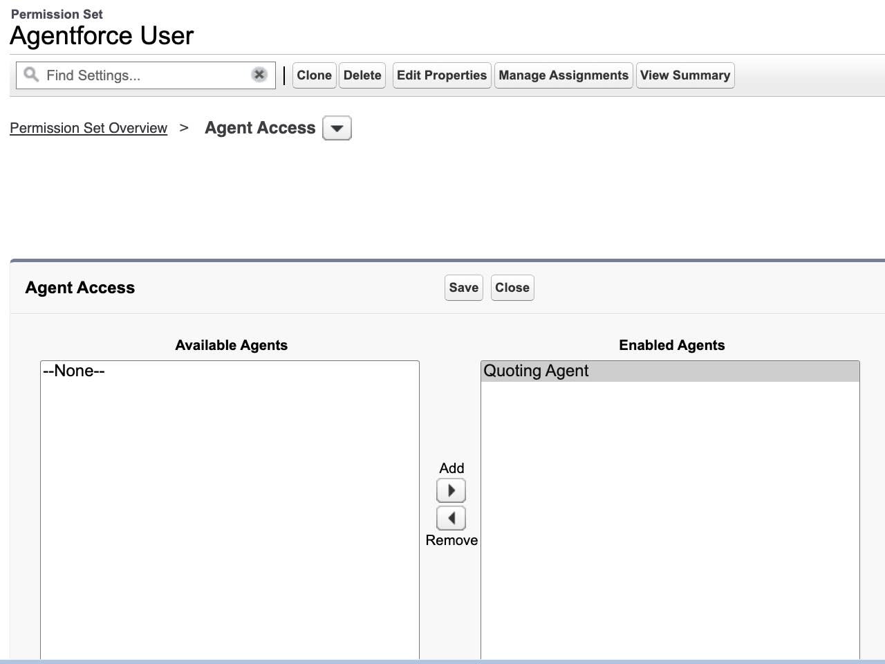 Configuration de l’ensemble d’autorisations Agentforce User (Utilisateur Agentforce) avec l’agent Quoting Agent (Agent devis) ajouté aux agents activés.