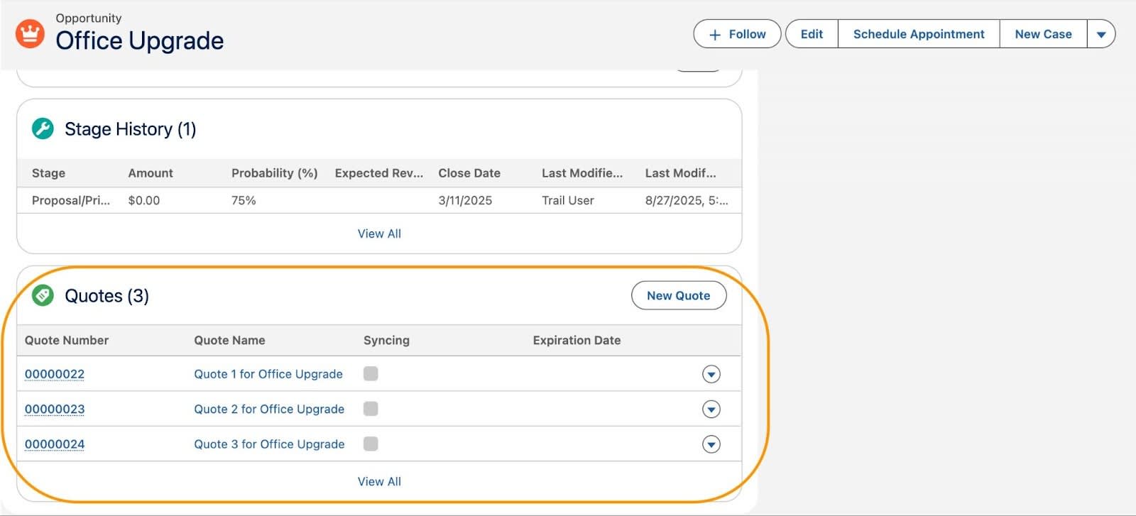 Record dell’opportunità Office Upgrade (Upgrade ufficio) in cui è evidenziato l’elenco dei preventivi.