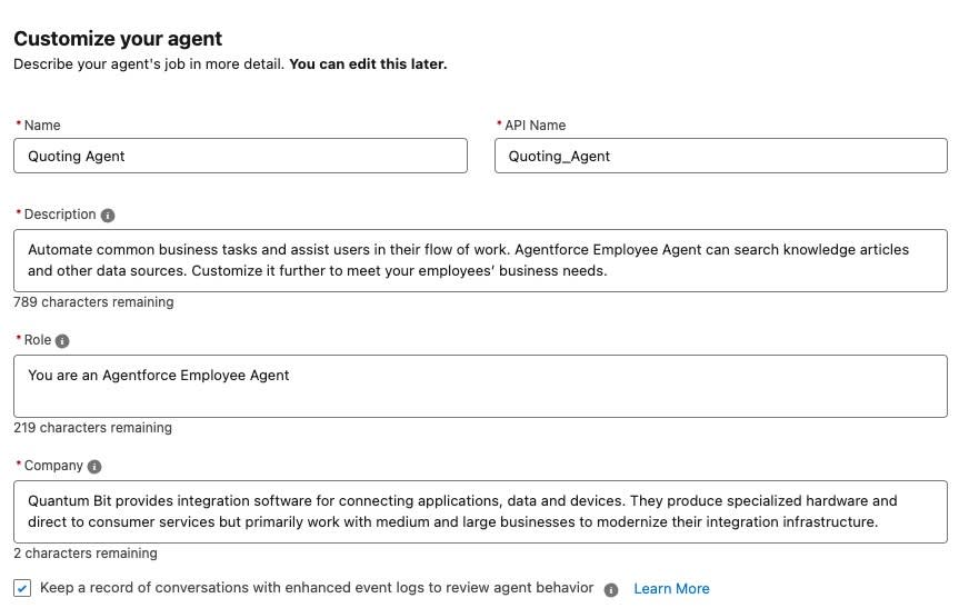 Menu Customize your agent (Personalizza l’agente) in cui sono compilati i dati corrispondenti.