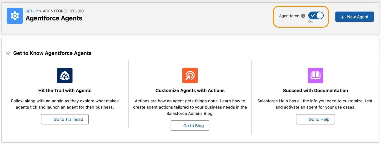 [Agentforce] 切り替えがオンに設定されて強調表示されている [Agentforce Agents (Agentforce エージェント)] 設定画面