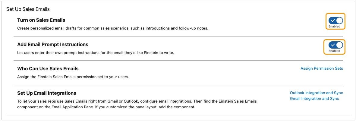 Turn on Sales Emails(세일즈 이메일 켜기) 토글이 강조 표시된 Set Up Sales Emails(세일즈 이메일 설정) 메뉴.