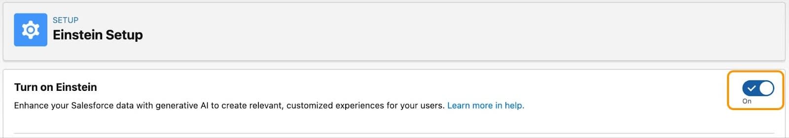 Menu Einstein Setup (Configuração do Einstein) com o botão de alternância Turn on Einstein (Ativar Einstein) na posição On (Ativo).
