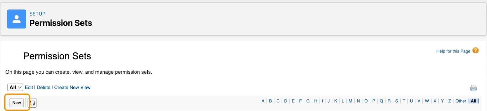 权限集设置页面，其中突出显示了“新建”按钮。
