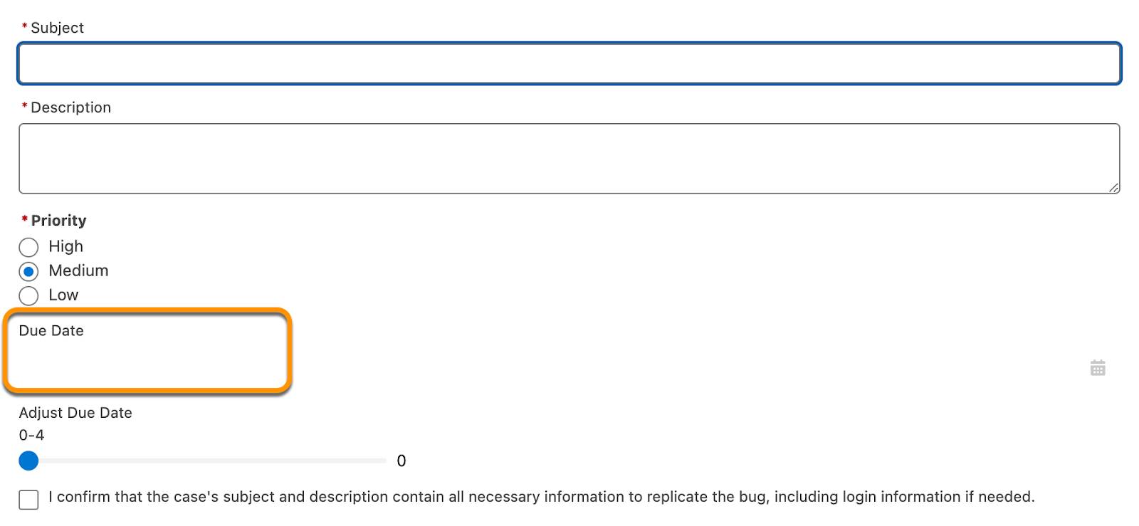 The screen component loading with a blank Due Date field.