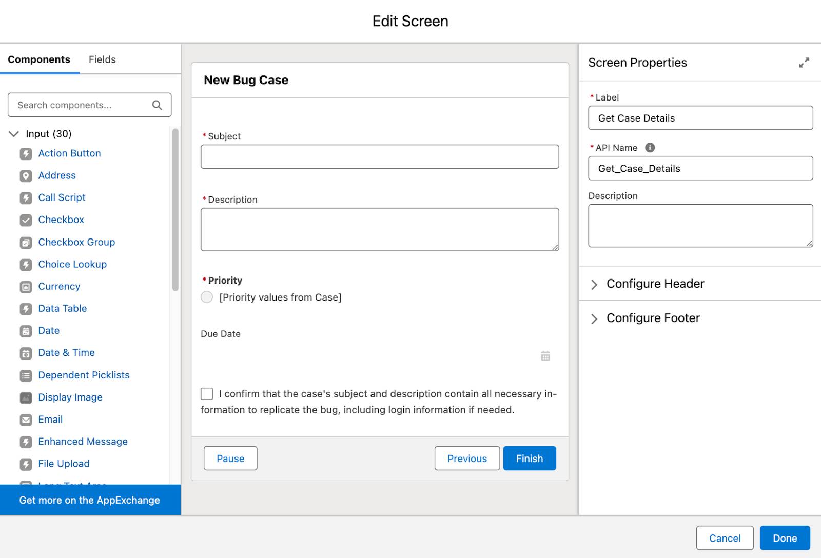 上記の手順に対応する [Screen (画面)] 要素のコンポーネント。