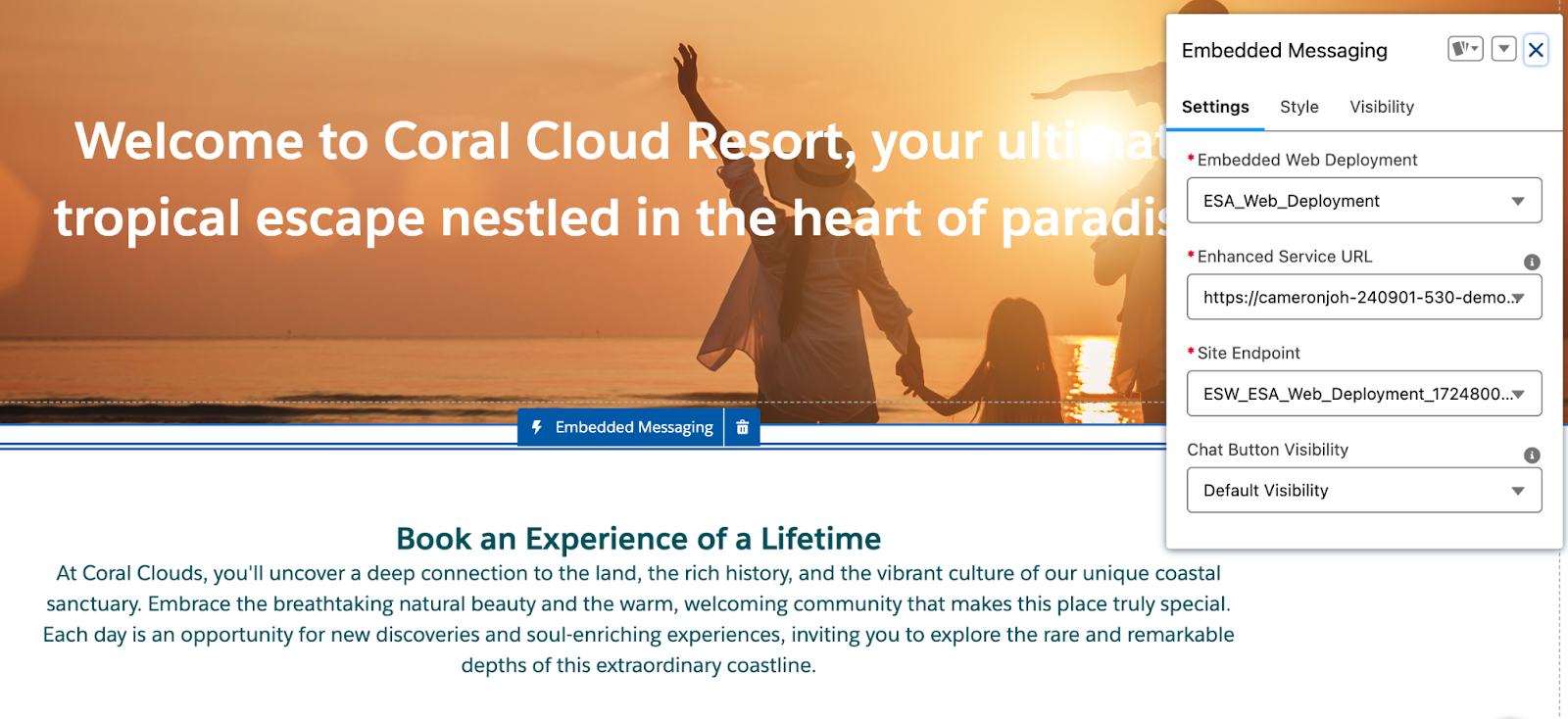 Experience Cloud サイトに追加された [Embedded Messaging (組み込みメッセージング)]