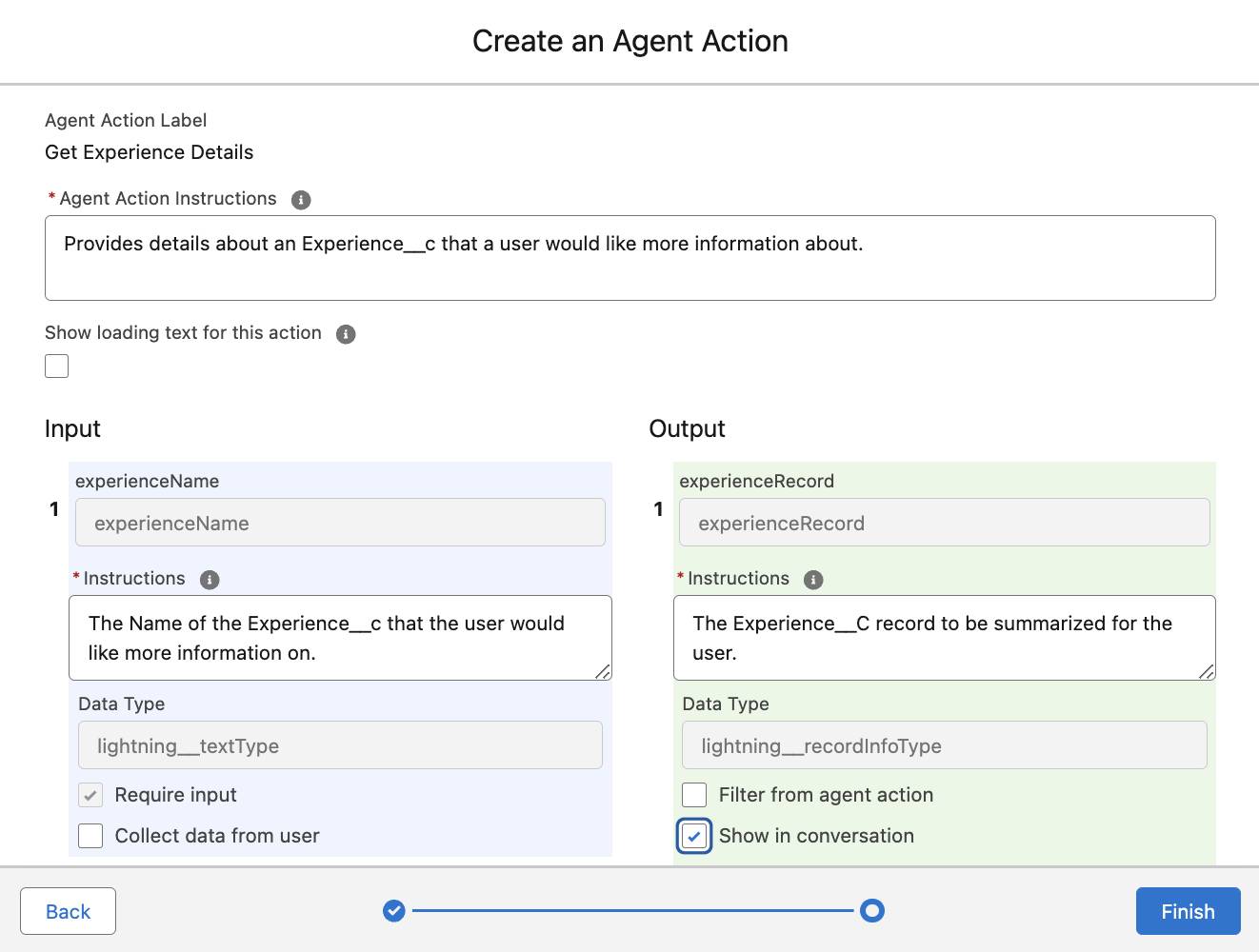 Uma ação configurada para um agente com caixas de seleção designadas marcadas.